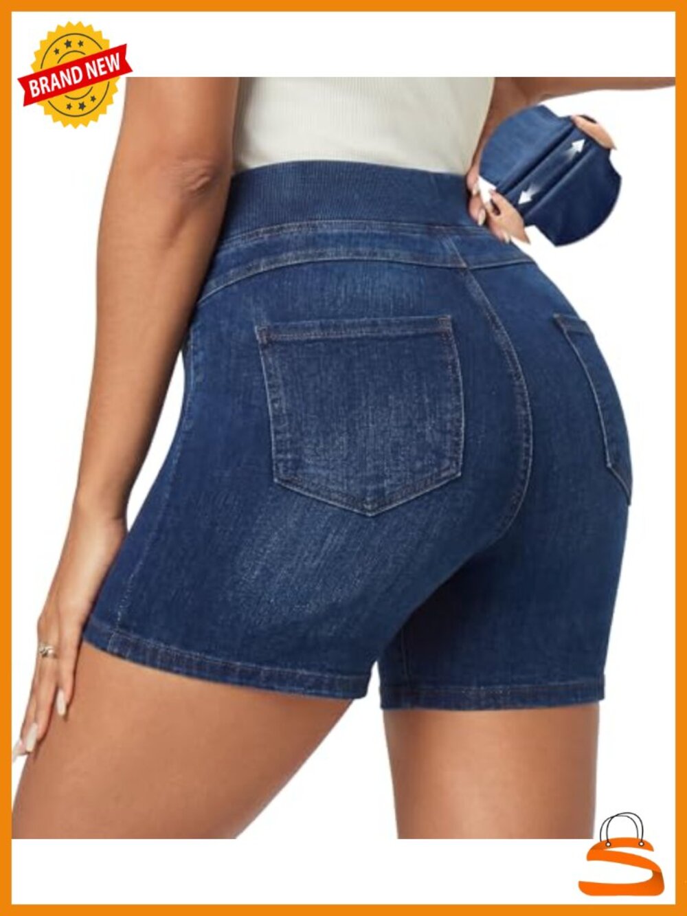 Women's Ultra Stretchy High Waisted Pull On Denim Shorts with Pockets 5" Inseam
